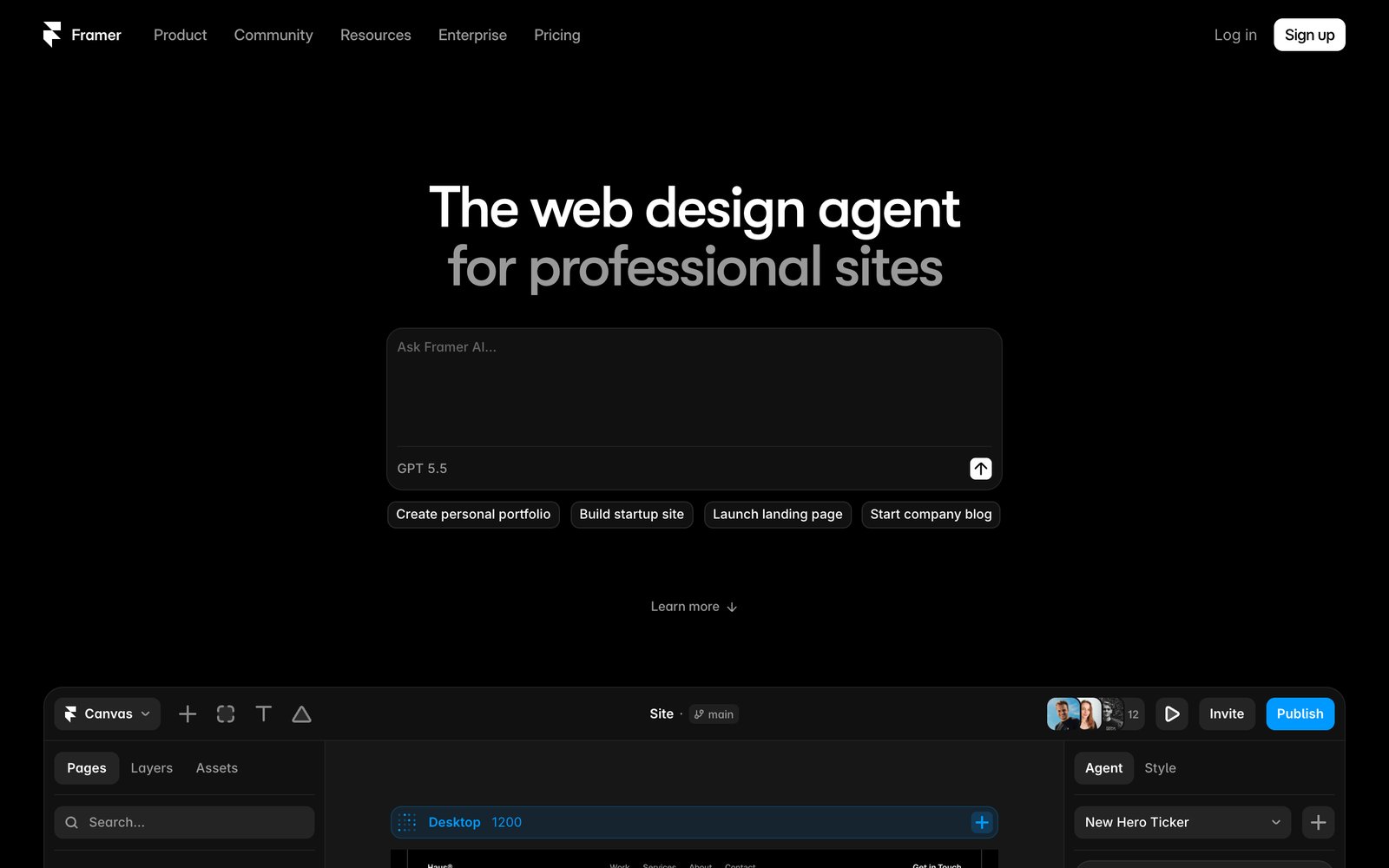 Framer homepage: the web design agent for professional sites