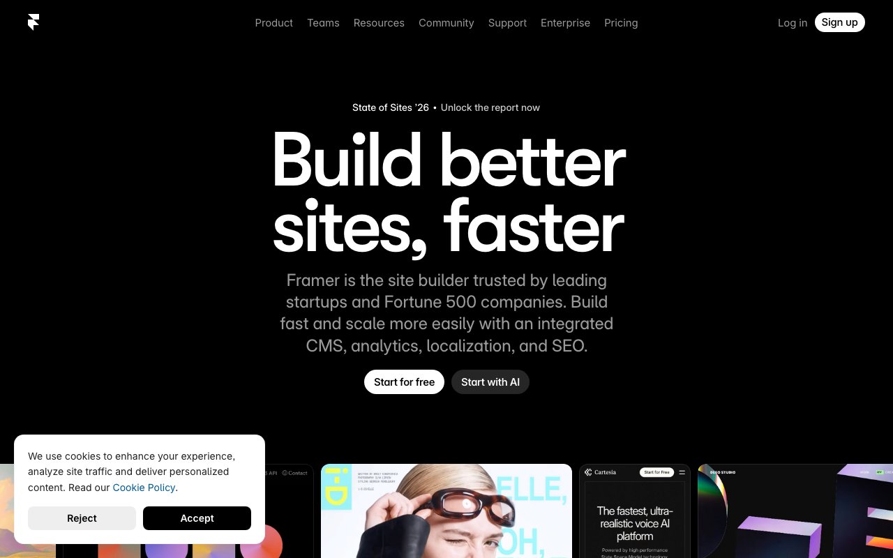 Framer homepage showing AI-powered design-driven website builder