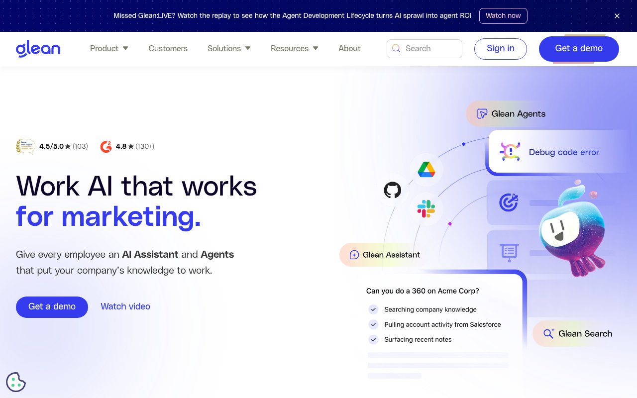 Glean homepage showing enterprise AI search