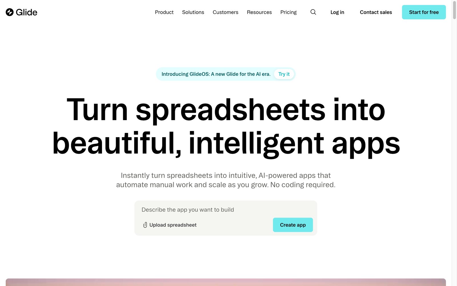 Glide homepage: turn spreadsheets into intelligent apps