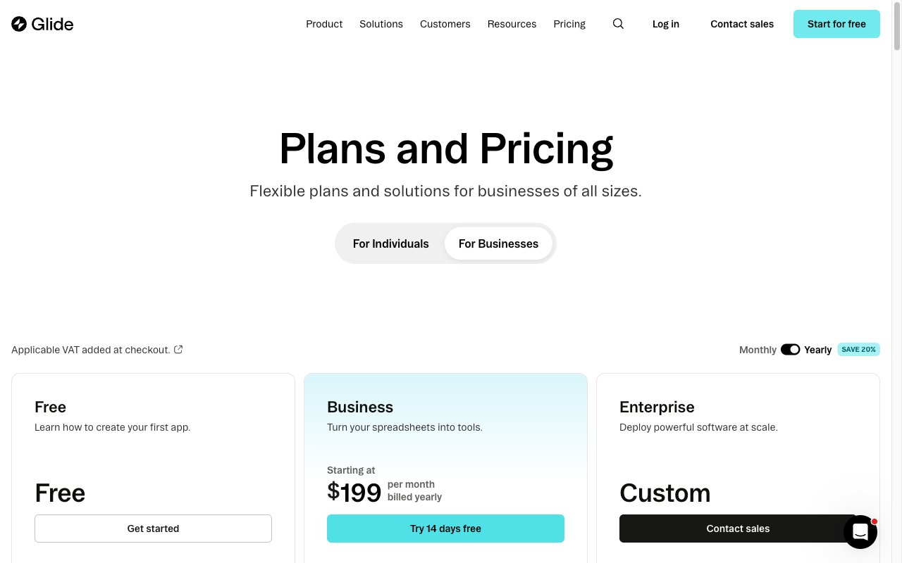 Glide pricing: free plan, Business from $199/month, Enterprise custom