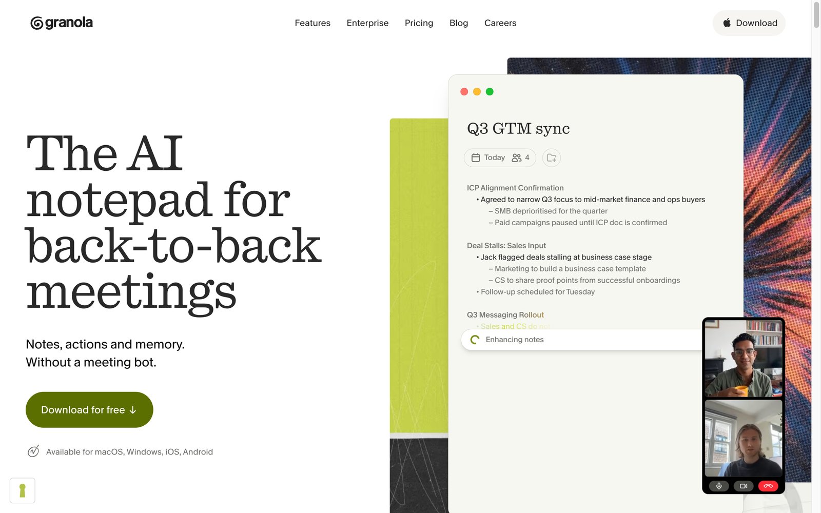 Granola homepage: AI meeting notes without a bot joining the call