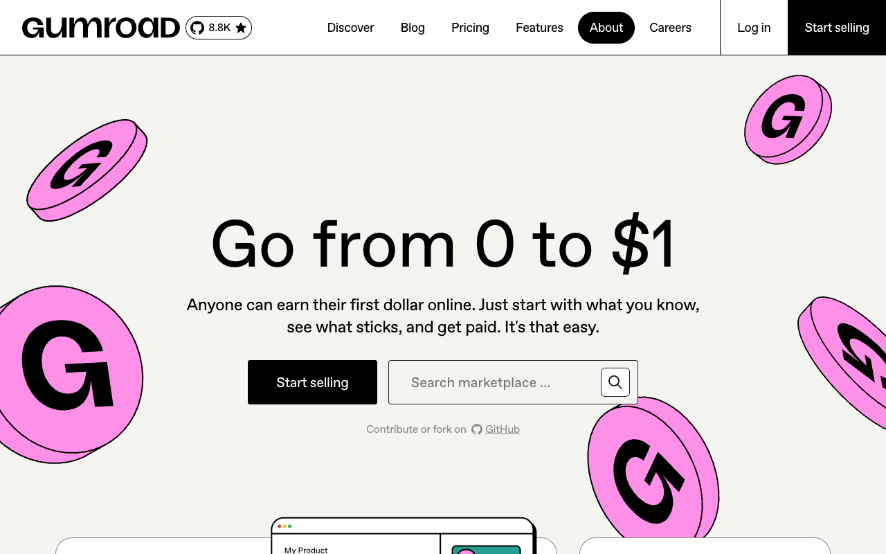 Gumroad homepage for selling digital products