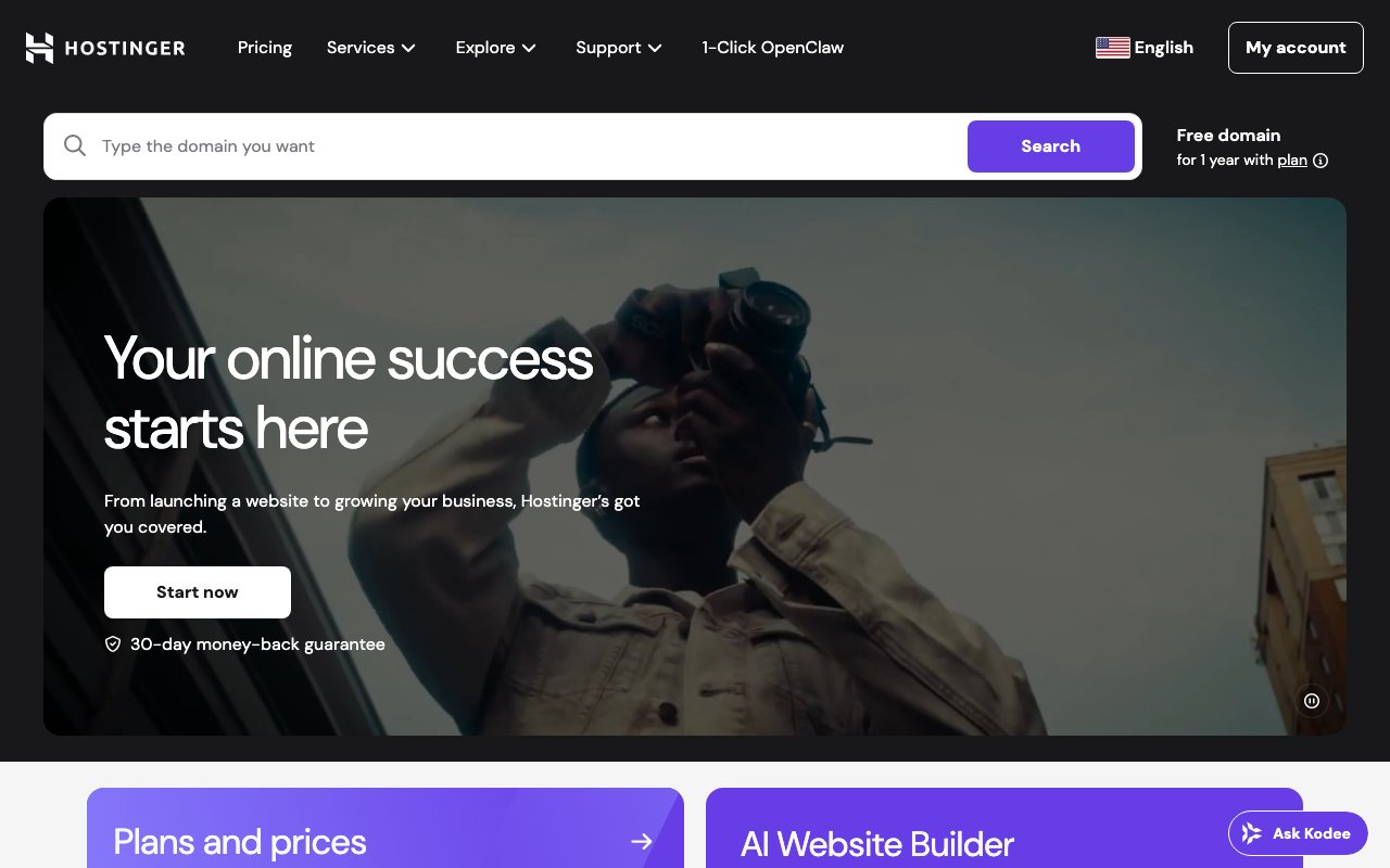 Hostinger homepage showing budget AI website builder and hosting plans
