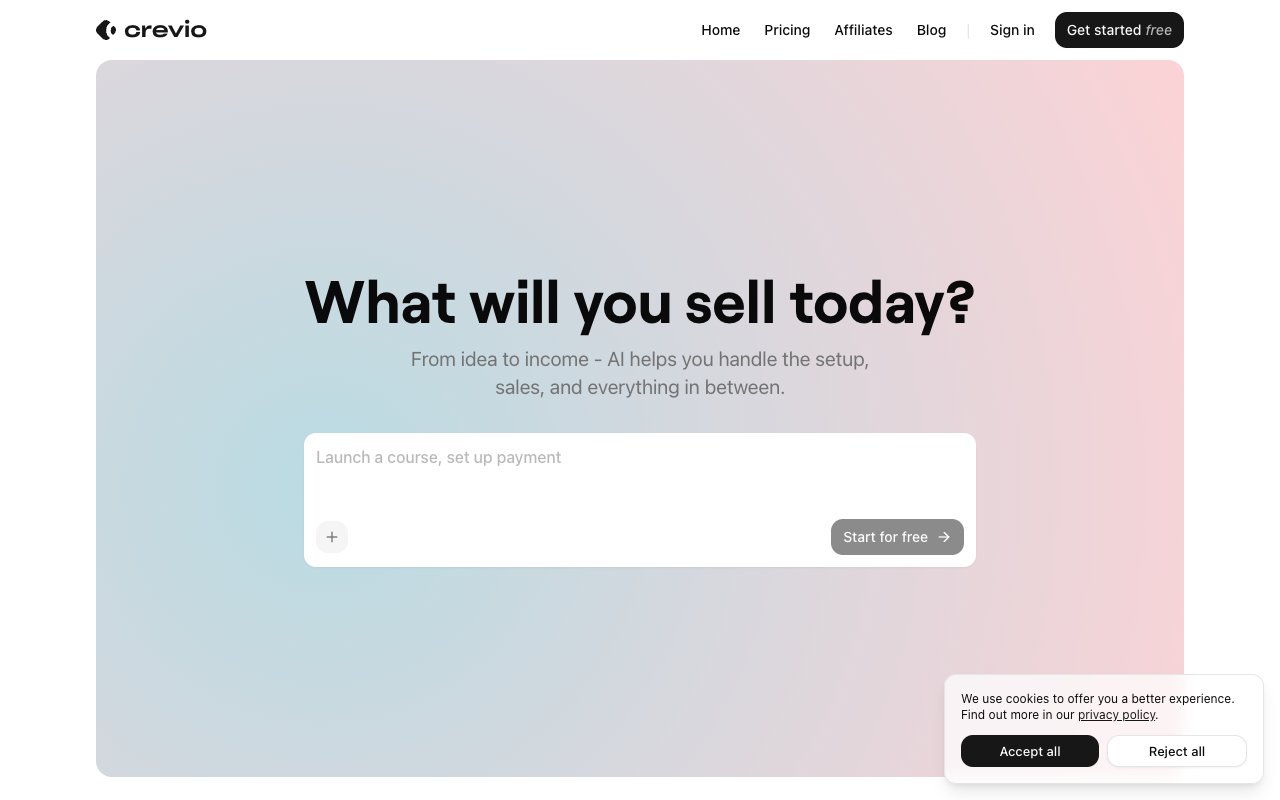 Crevio homepage showing AI-powered creator commerce platform