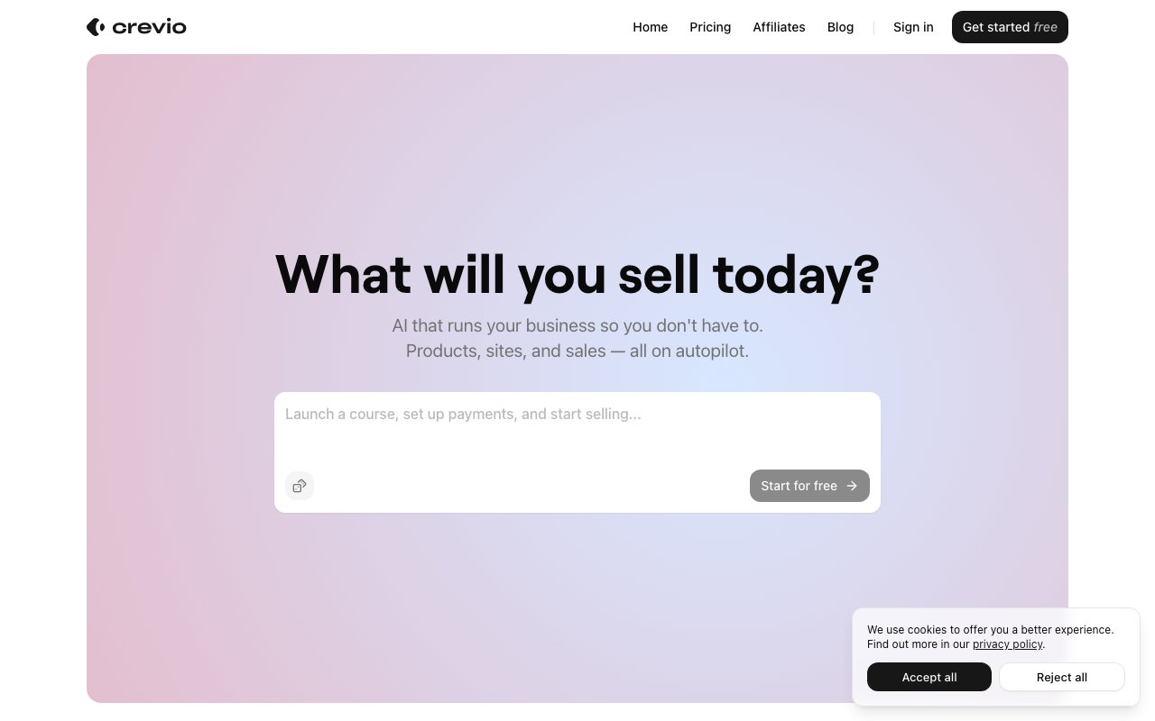 Crevio homepage showing AI-powered creator commerce platform