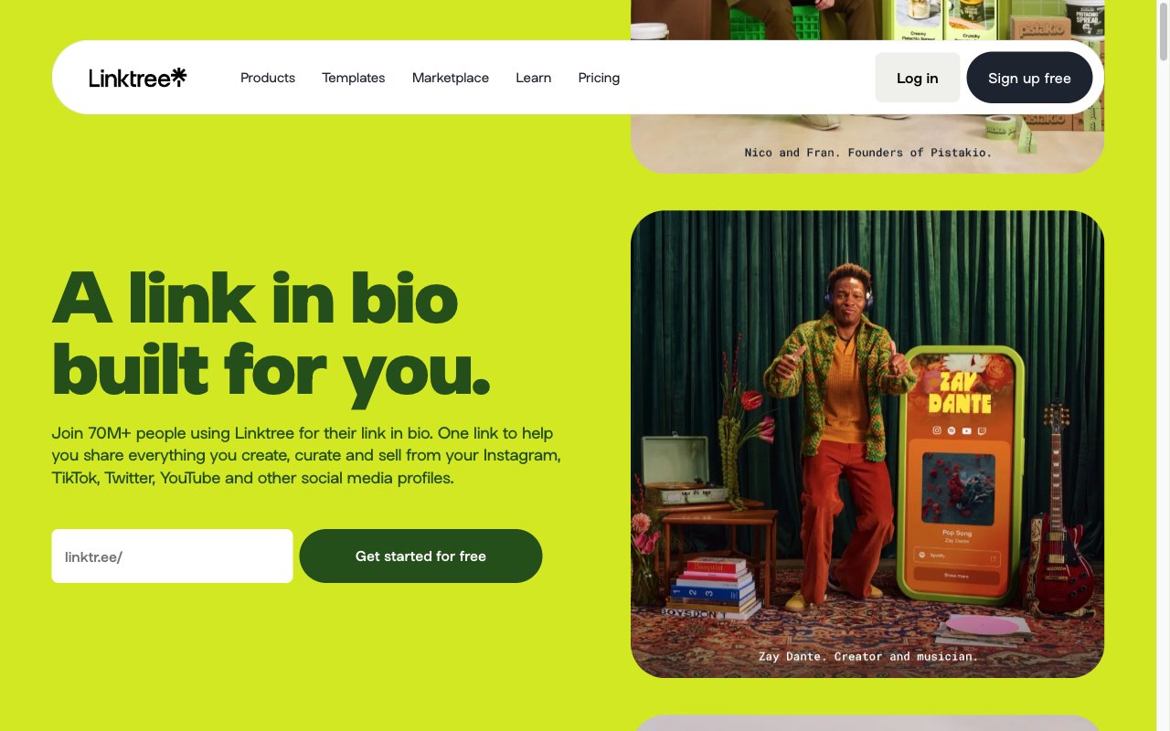 Linktree homepage showing link-in-bio builder