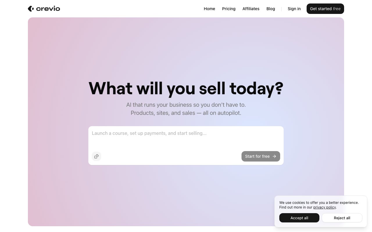 Crevio homepage showing AI-powered creator commerce platform
