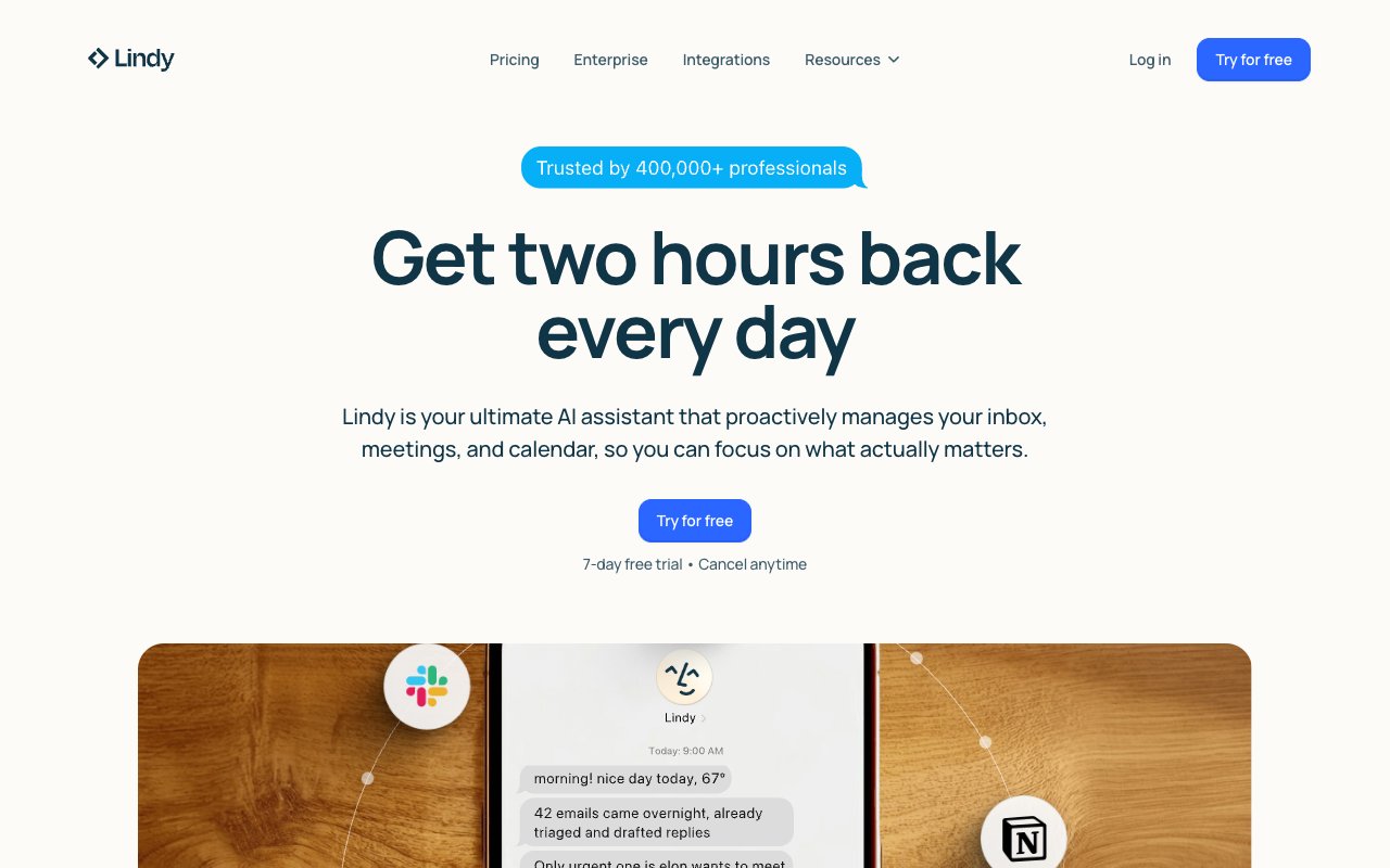 Lindy AI homepage showing AI assistant for professional productivity