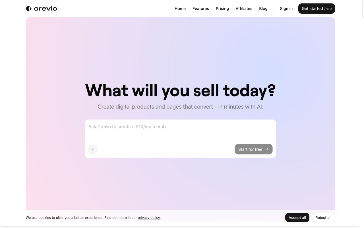 Crevio homepage showing creator storefront platform