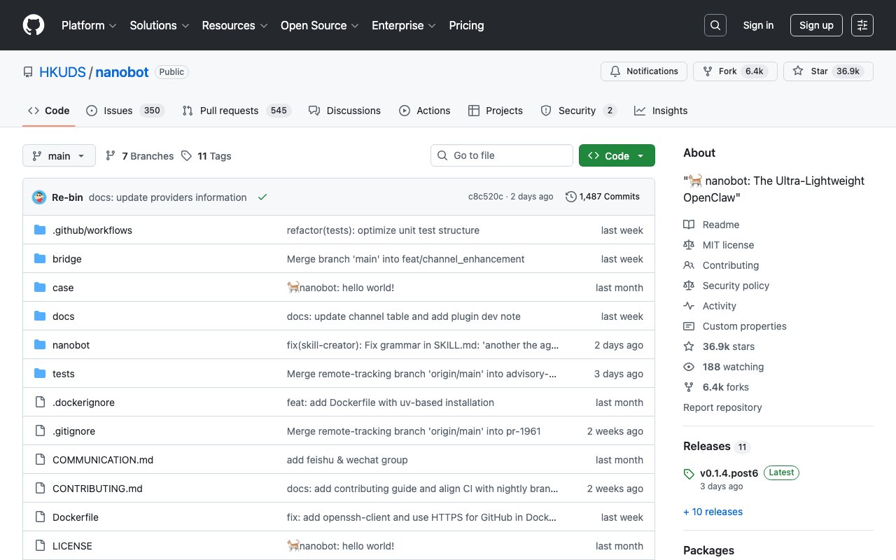 Nanobot homepage showing the minimalist AI agent platform