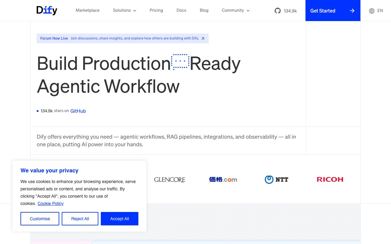 Dify homepage showing visual AI application builder