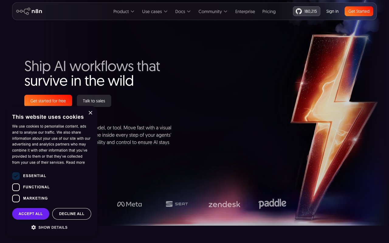 n8n homepage showing open-source AI workflow automation platform