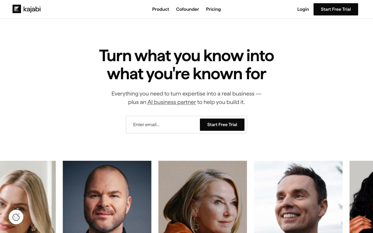 Kajabi homepage showing online course and knowledge commerce platform