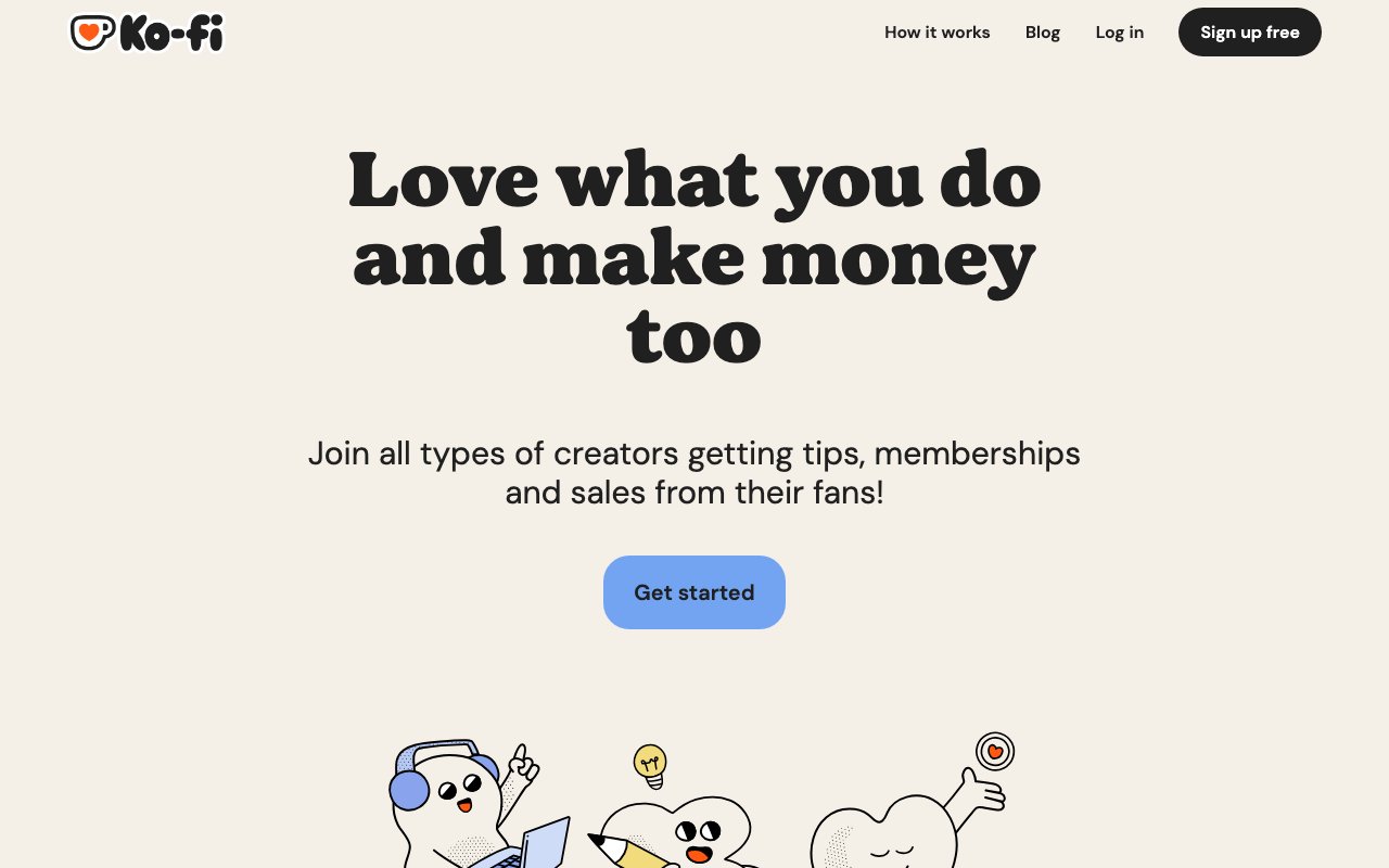 Ko-fi homepage showing support and membership platform for creators