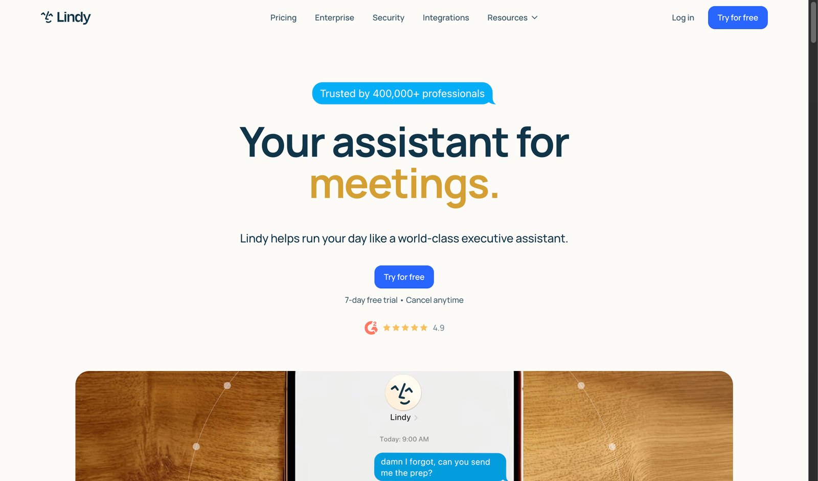 Lindy homepage showing the AI assistant platform