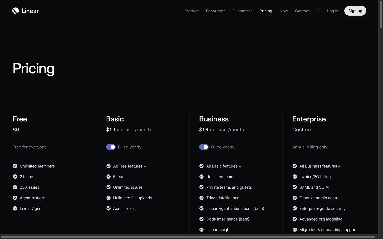 Linear's pricing page: free plan, Basic $10, Business $16 per user per month