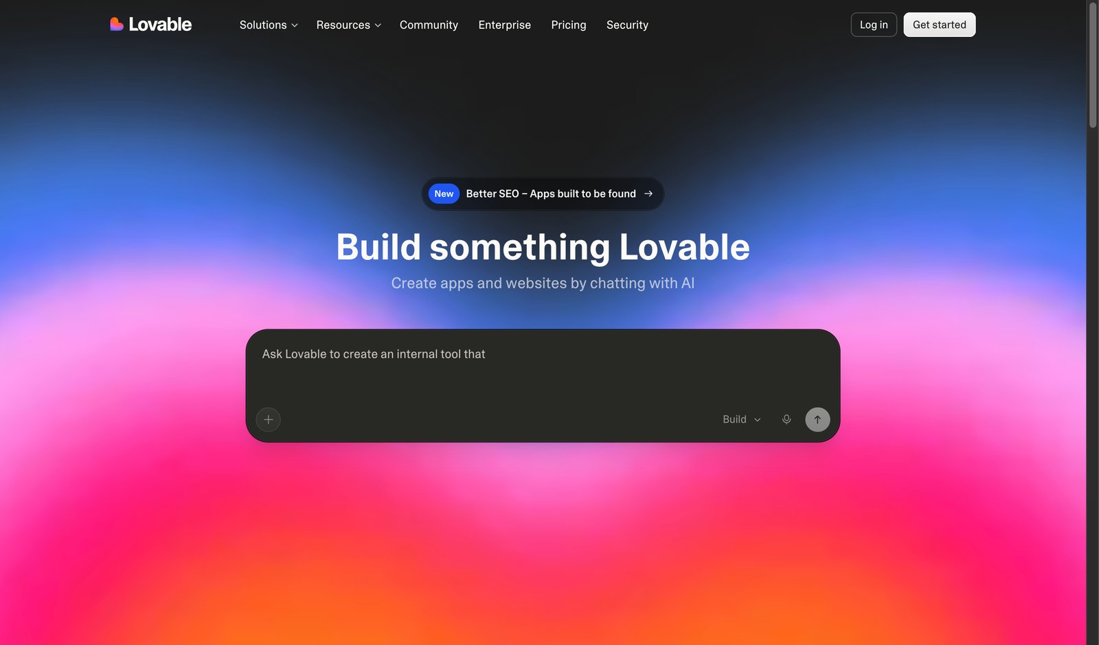 Lovable AI app builder homepage showing prompt-to-app interface