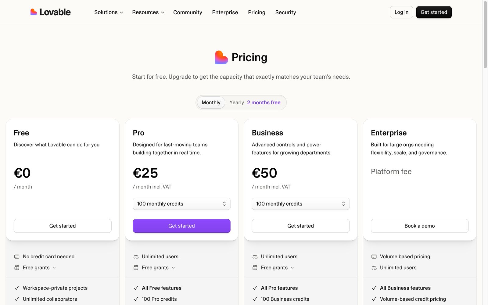 Lovable pricing: free tier, Pro at €25/month, Business at €50/month