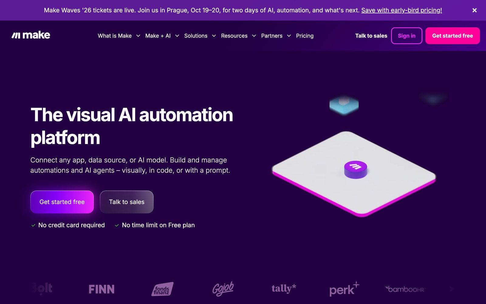 Make.com homepage showing the visual automation platform