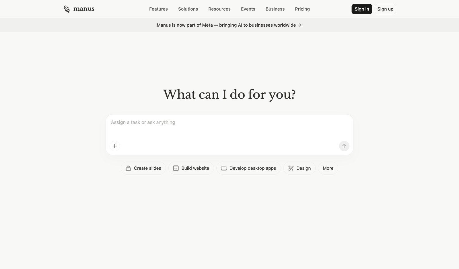 Manus AI homepage showing the cloud-based AI agent platform