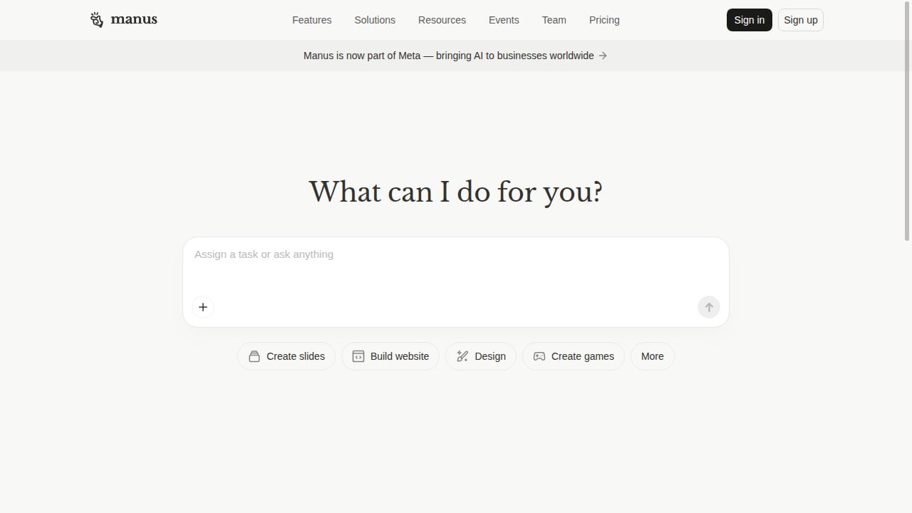 Manus homepage showing the general AI agent for autonomous task execution