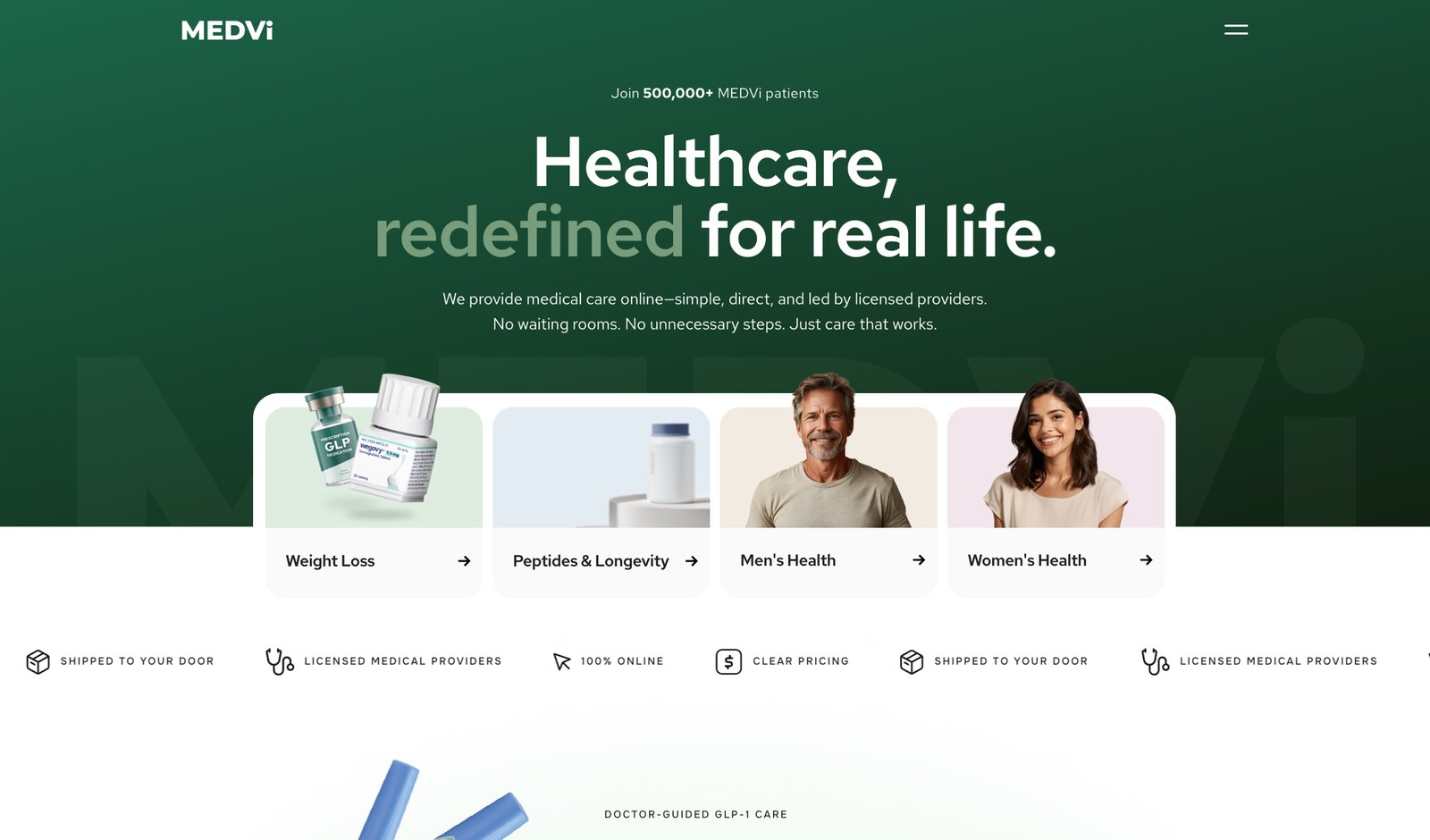 Medvi homepage: Healthcare, redefined for real life, with 500,000+ patients served