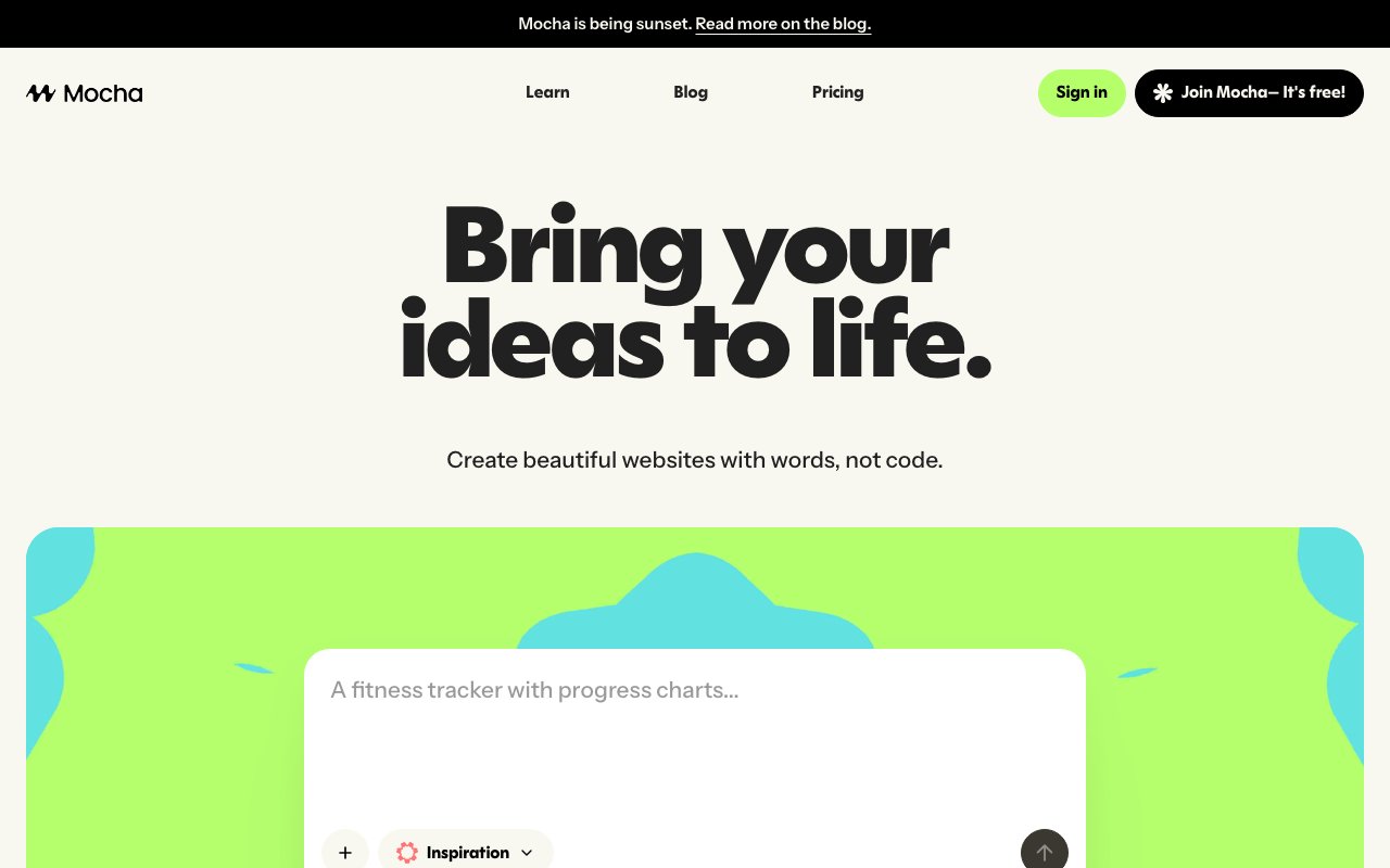 Mocha homepage showing AI-powered no-code app builder for entrepreneurs