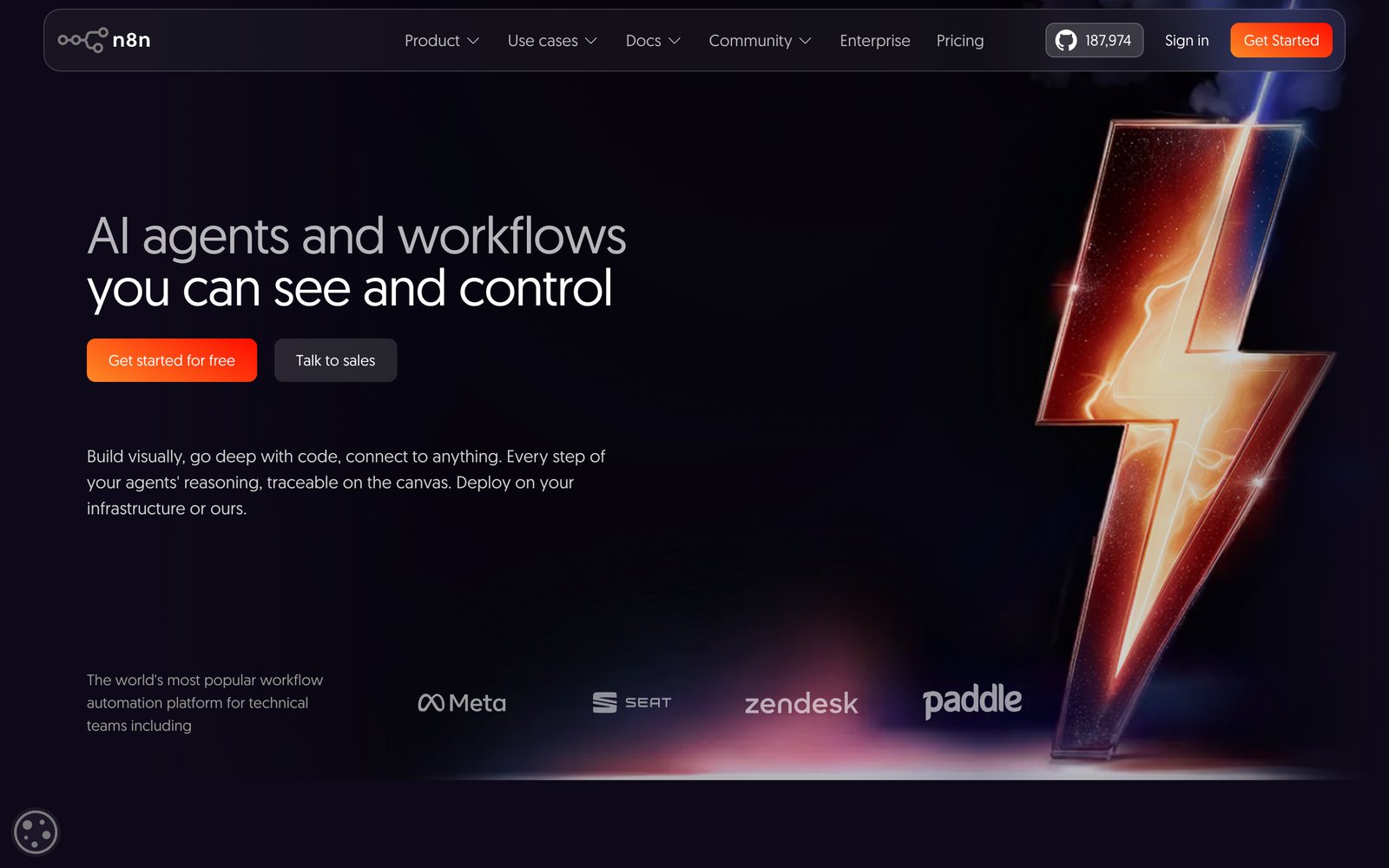 n8n homepage showing the open-source workflow automation platform