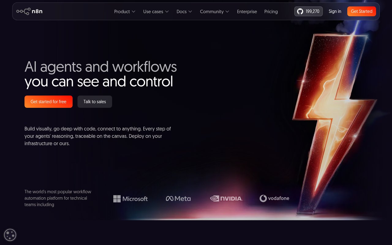n8n homepage showing the workflow automation platform