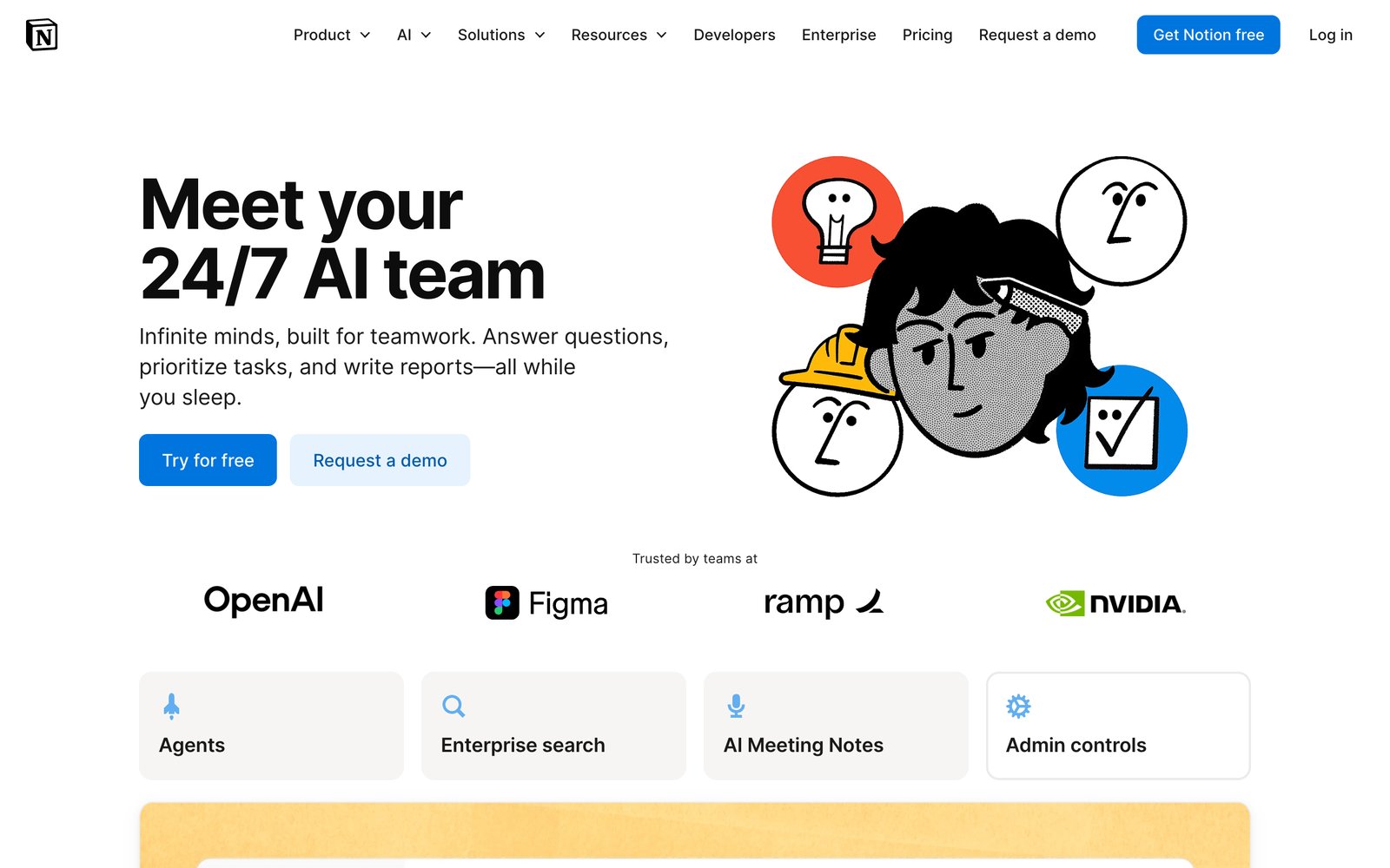 Notion AI homepage: meet your 24/7 AI team