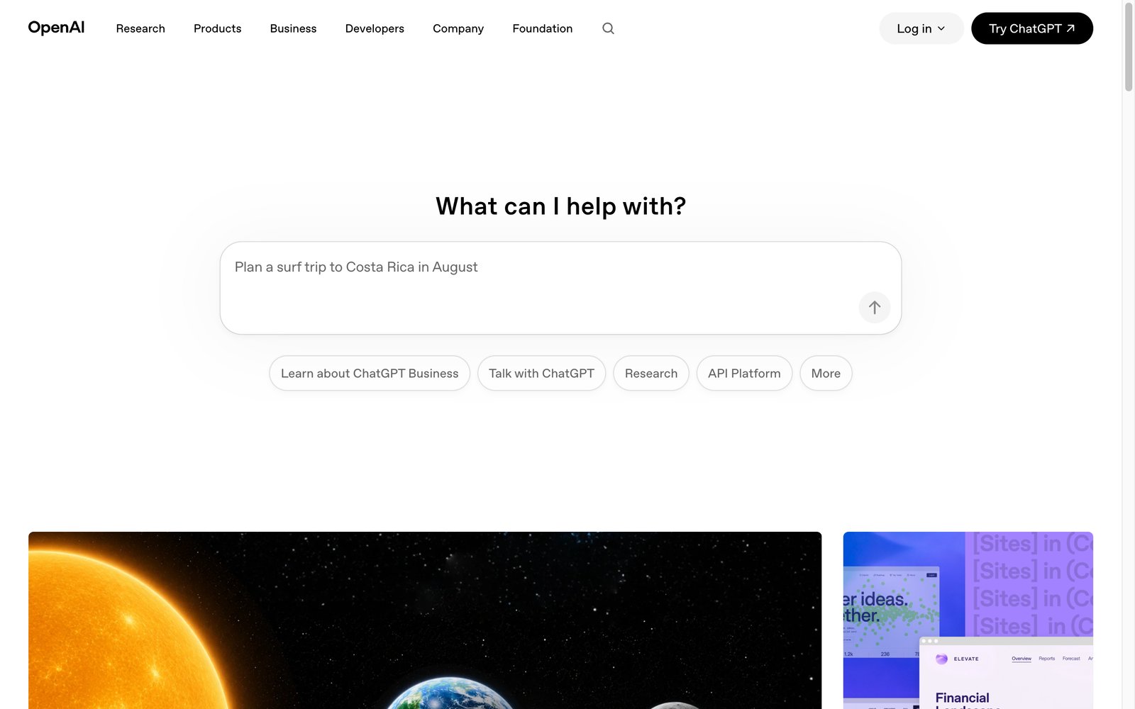 OpenAI homepage showing the ChatGPT and Codex interface