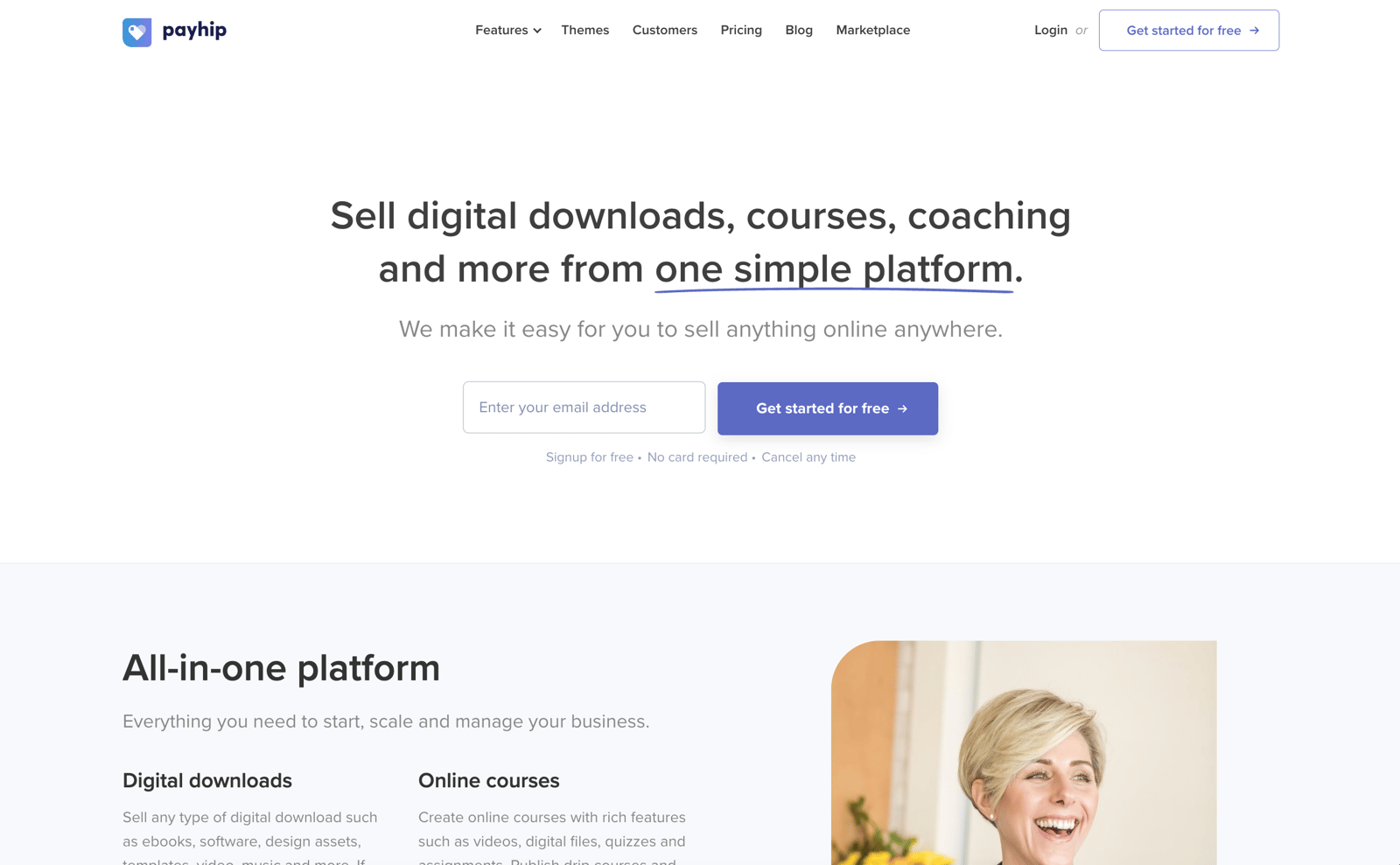 Payhip homepage showing ecommerce platform for digital products and memberships