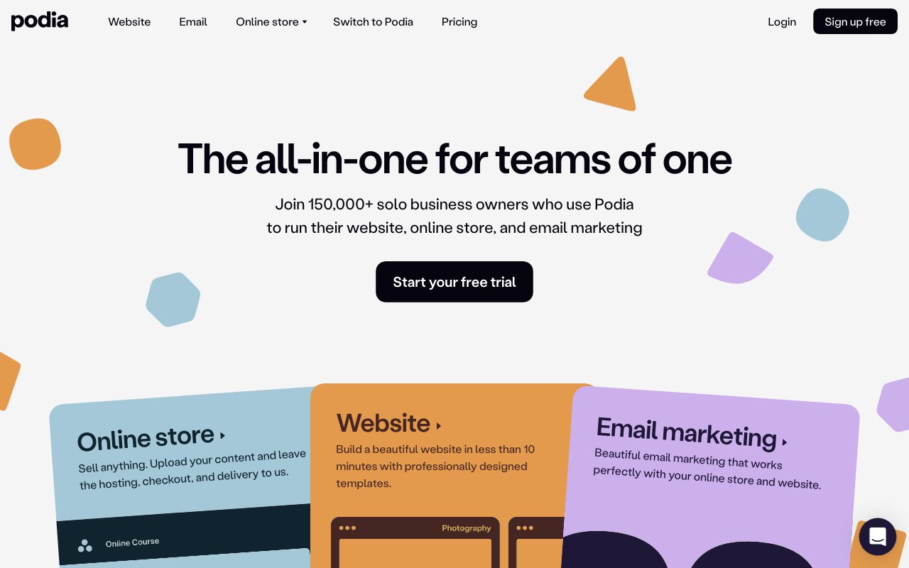 Podia homepage showing creator platform for courses and digital products