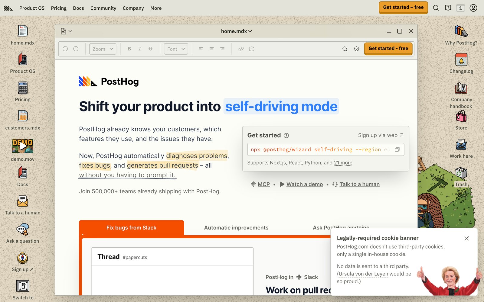 PostHog homepage: product analytics, replays, and experiments