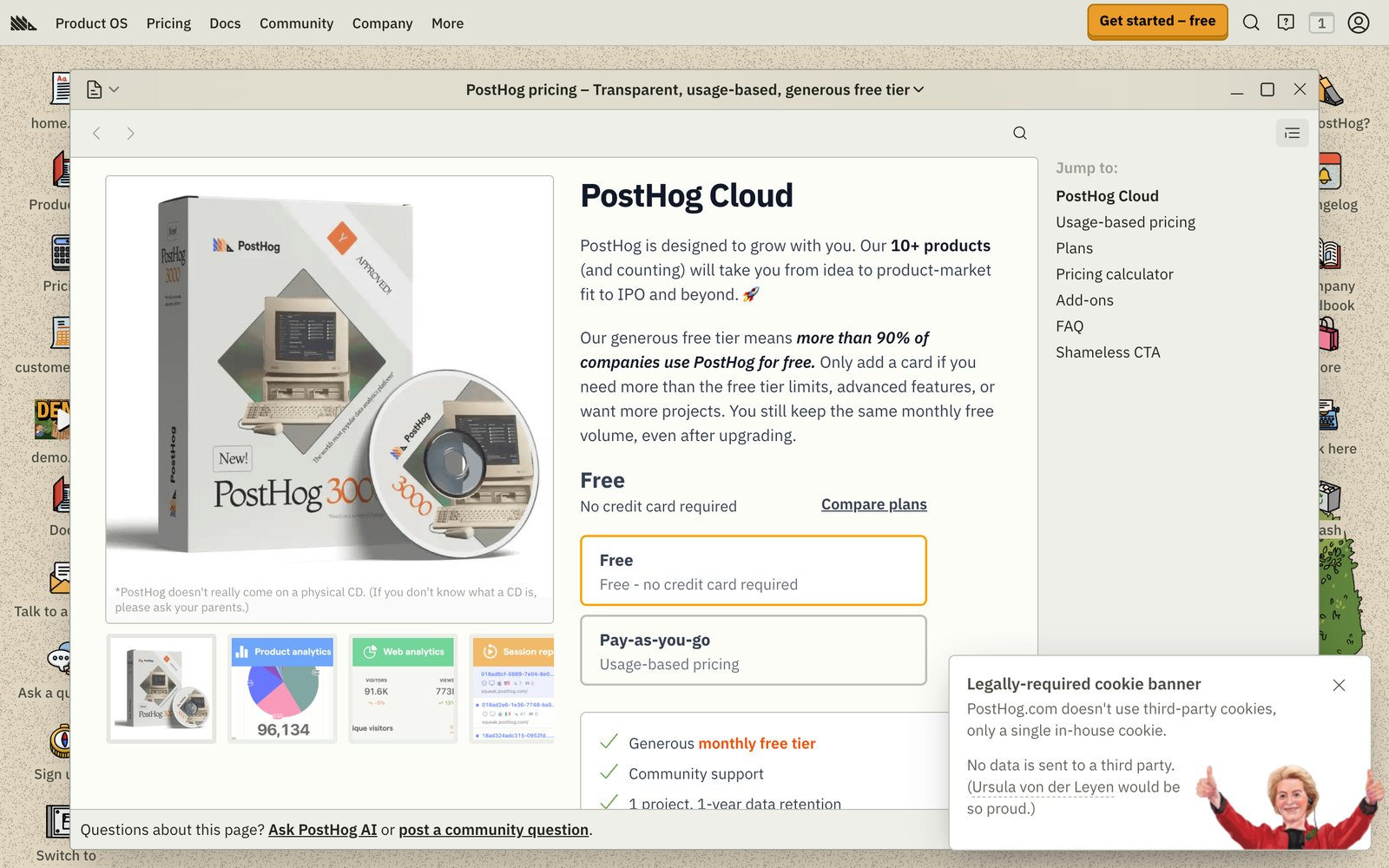 PostHog's pricing page: a free tier most companies never outgrow, then usage-based