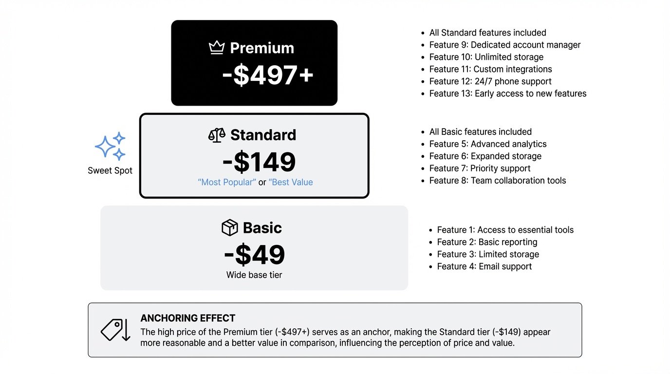 3-tier pricing strategy pyramid showing Basic ($19-49), Standard ($49-149), and Premium ($149-497+) tiers