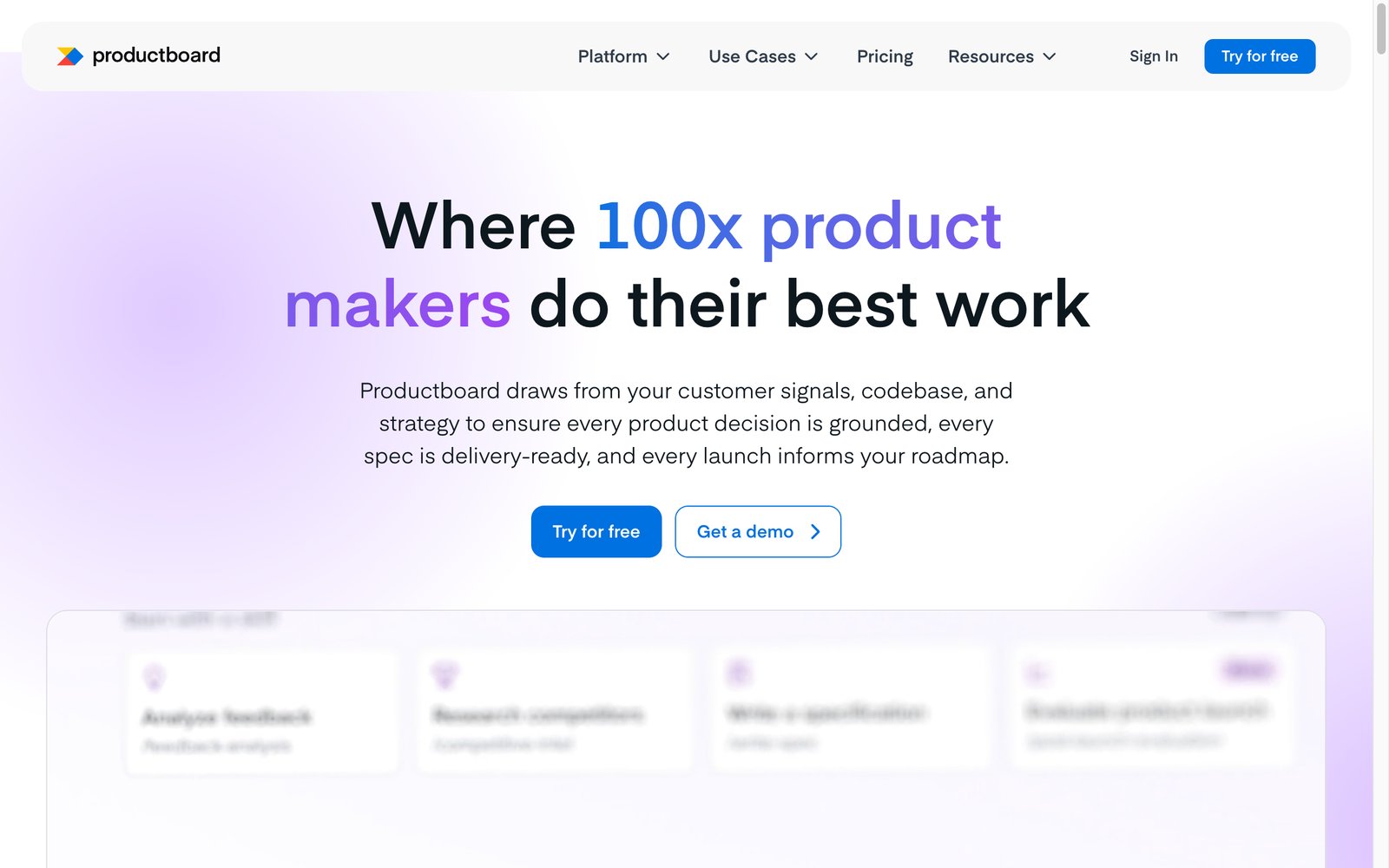 Productboard homepage: product management and roadmapping platform