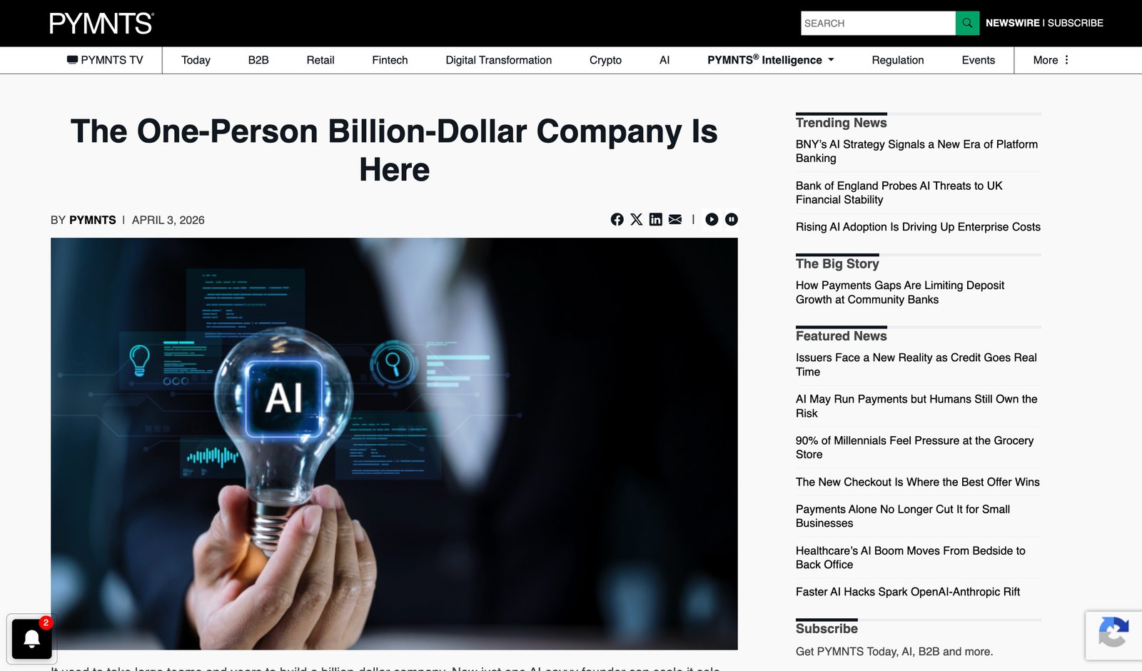 PYMNTS headline: The One-Person Billion-Dollar Company Is Here, covering the Medvi story in April 2026