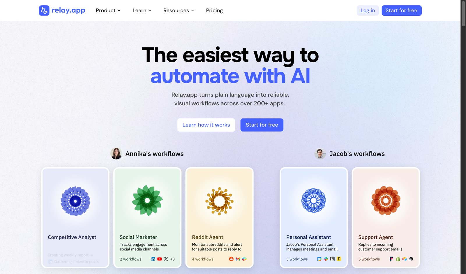 Relay.app homepage showing visual AI workflows with human-in-the-loop