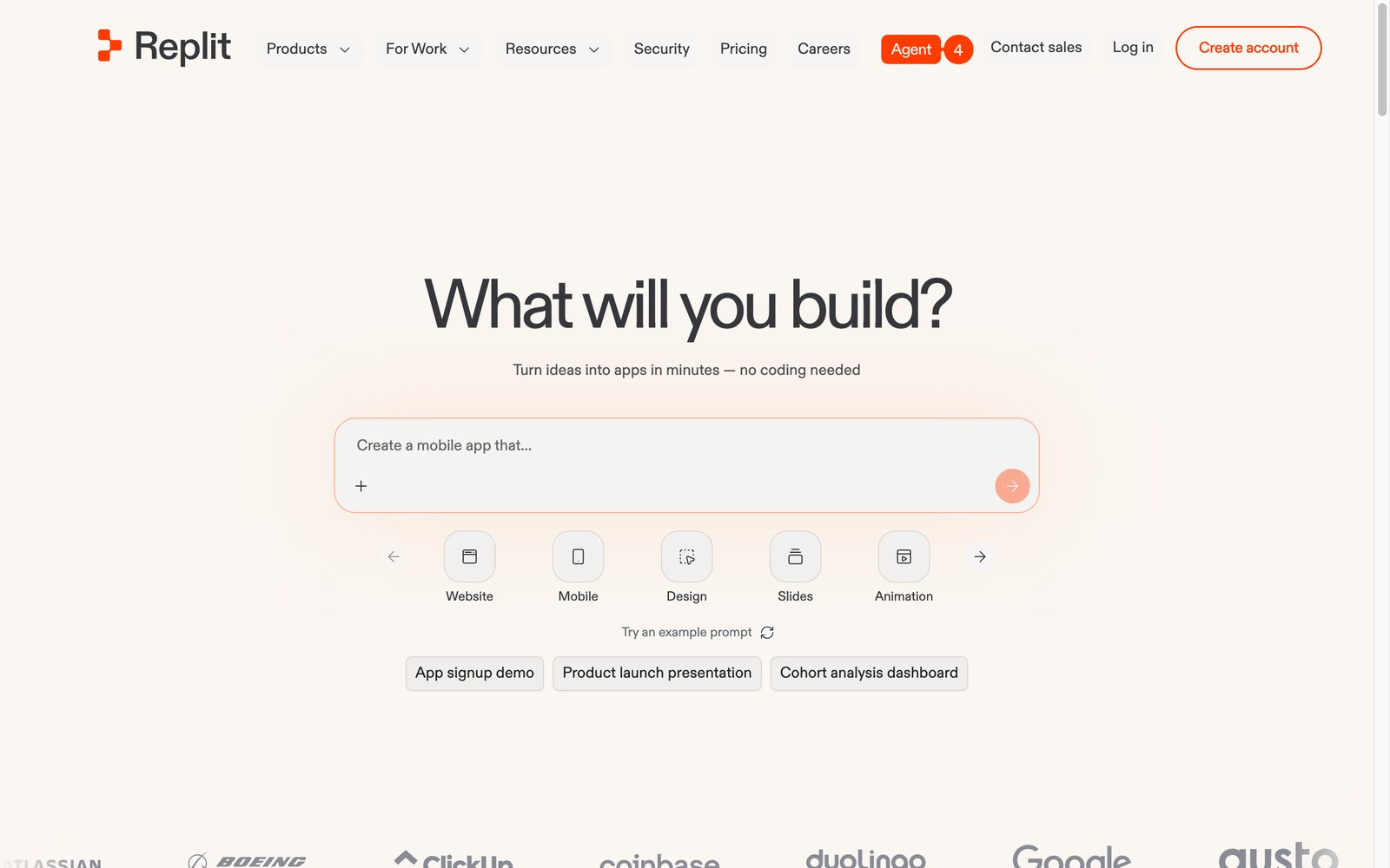 Replit homepage: an online workspace with an AI agent and built-in hosting