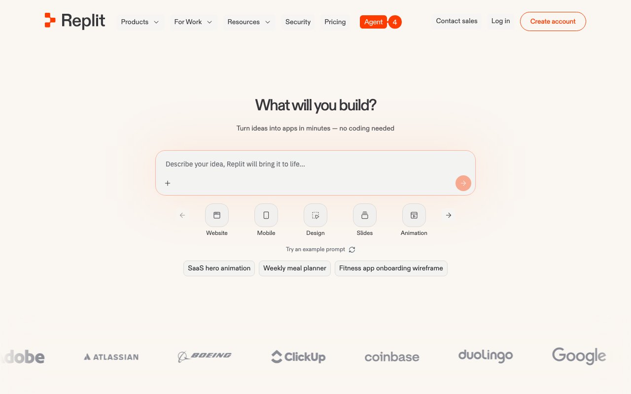 Replit homepage showing cloud development environment with AI agent