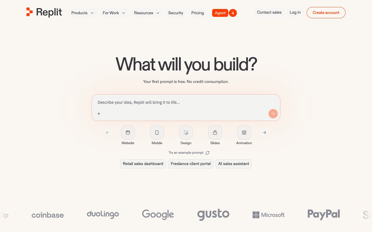 Replit homepage showing AI app development environment