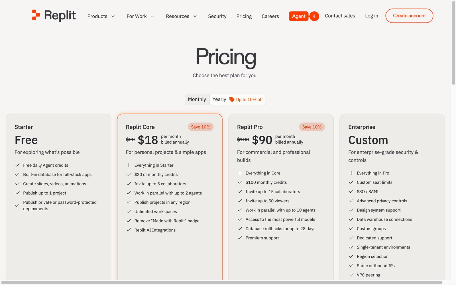 Replit pricing: Core at $20/month, $18 with annual billing