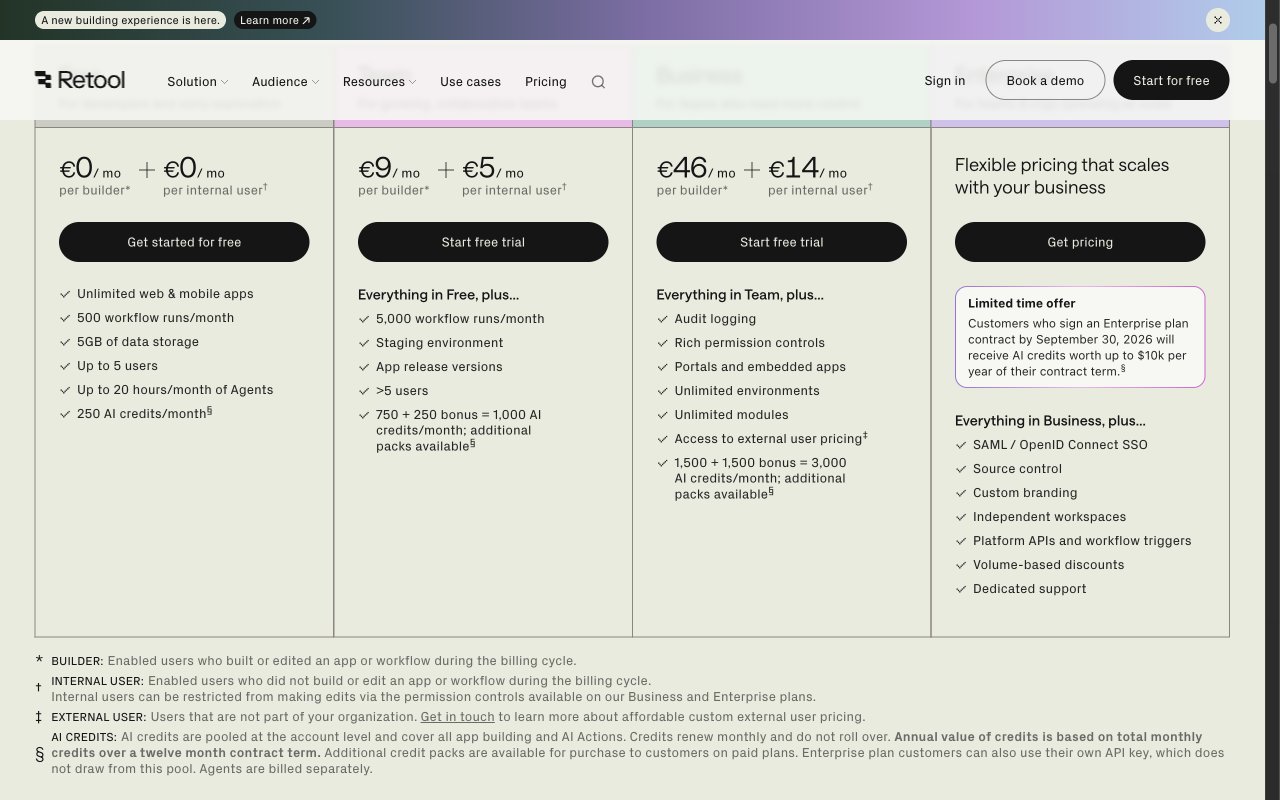 Retool pricing: free tier, Team and Business per-builder and per-user rates