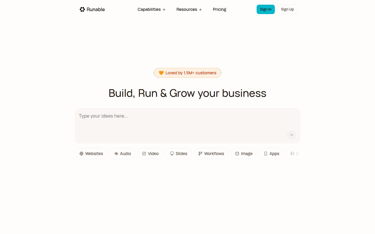 Runable homepage showing the general AI agent for building apps, slides, videos, and documents