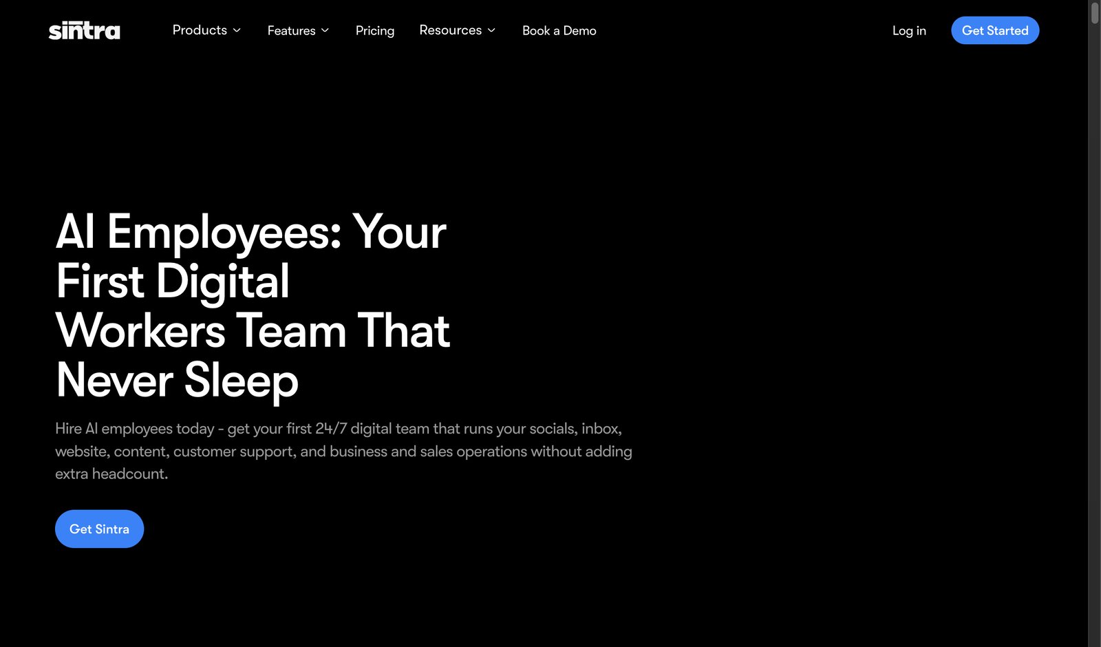 Sintra AI homepage showing pre-built AI business agents