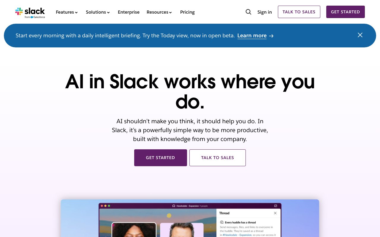 Slack AI homepage showing AI features built into Slack