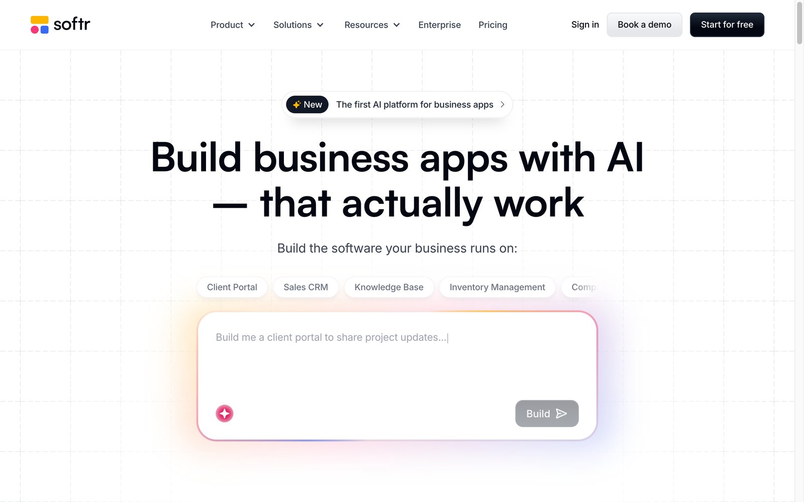 Softr homepage: build business apps with AI