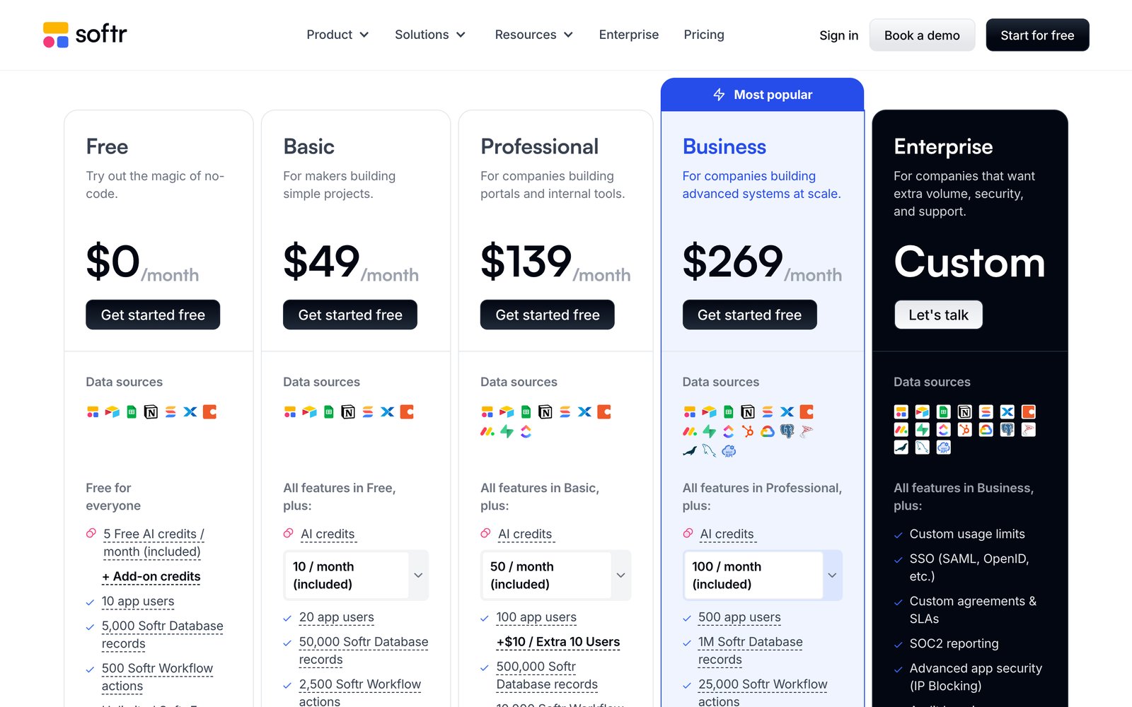 Softr's pricing page: Free, Basic $49, Professional $139, Business $269